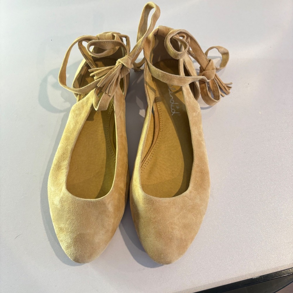 ♾️Autumn Soft Girl Beige Suede Lace Up Ballet Flats Size 9 Boho Tassel Ghillie♾️